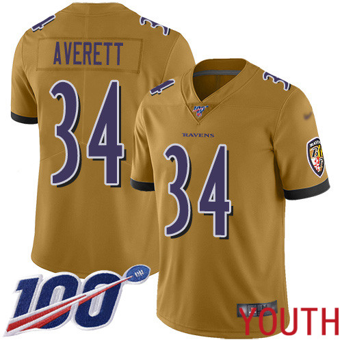 Baltimore Ravens Limited Gold Youth Anthony Averett Jersey NFL Football #34 100th Season Inverted Legend->youth nfl jersey->Youth Jersey